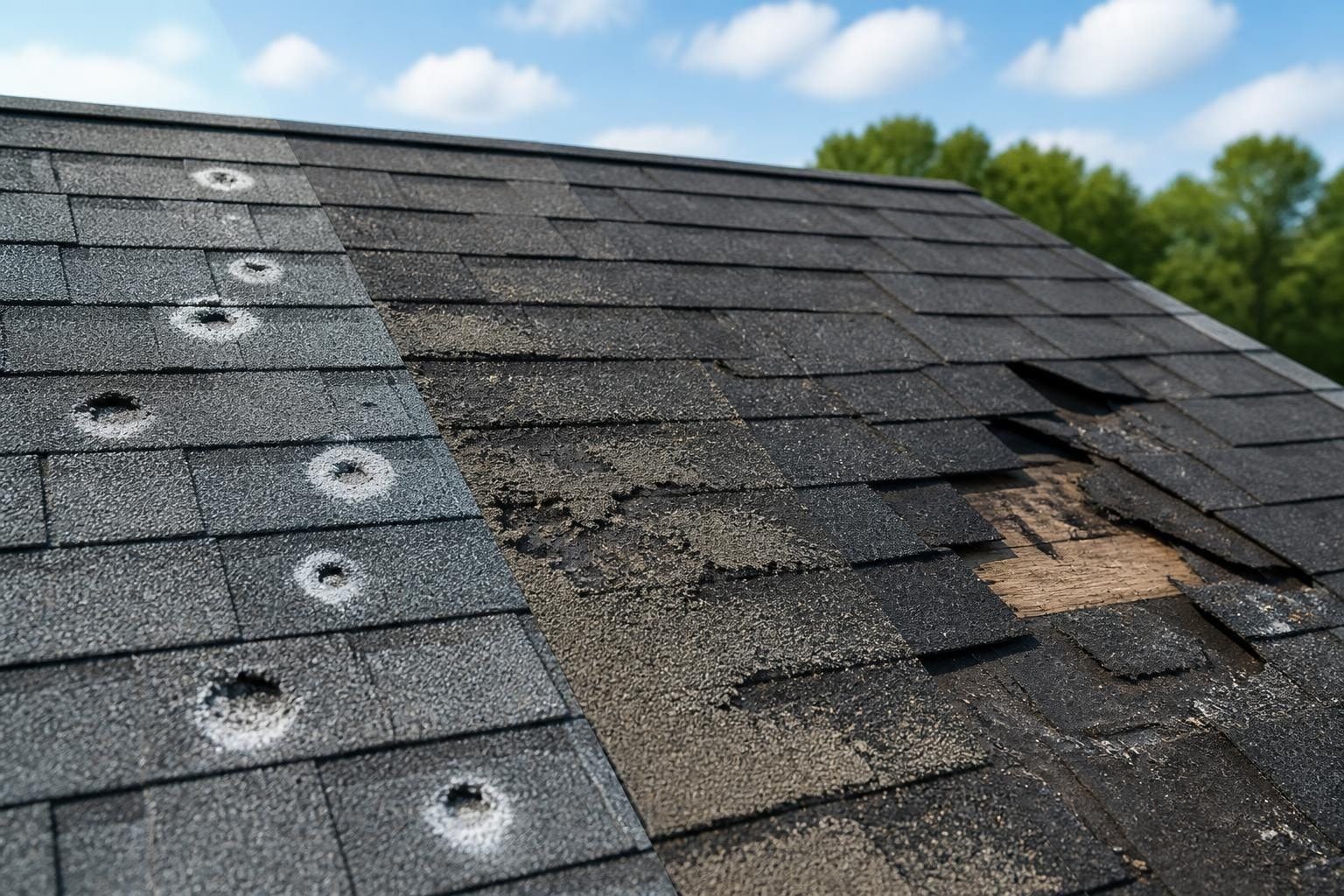 Hail impact marks visible on dark asphalt shingles