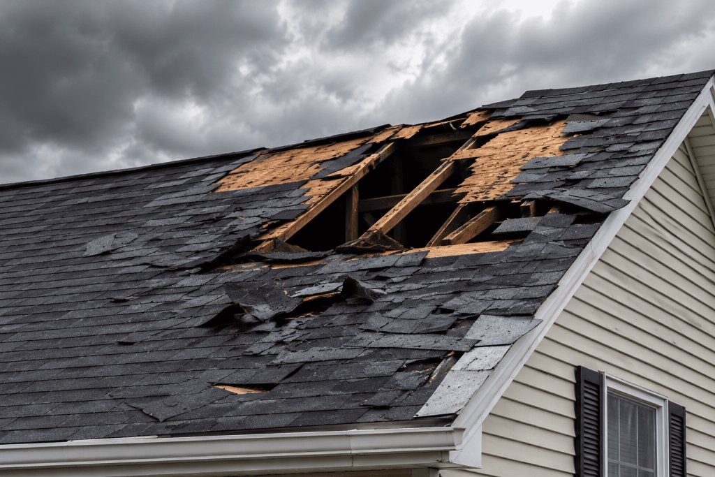 Home with severe storm damage torn across its shingle roof